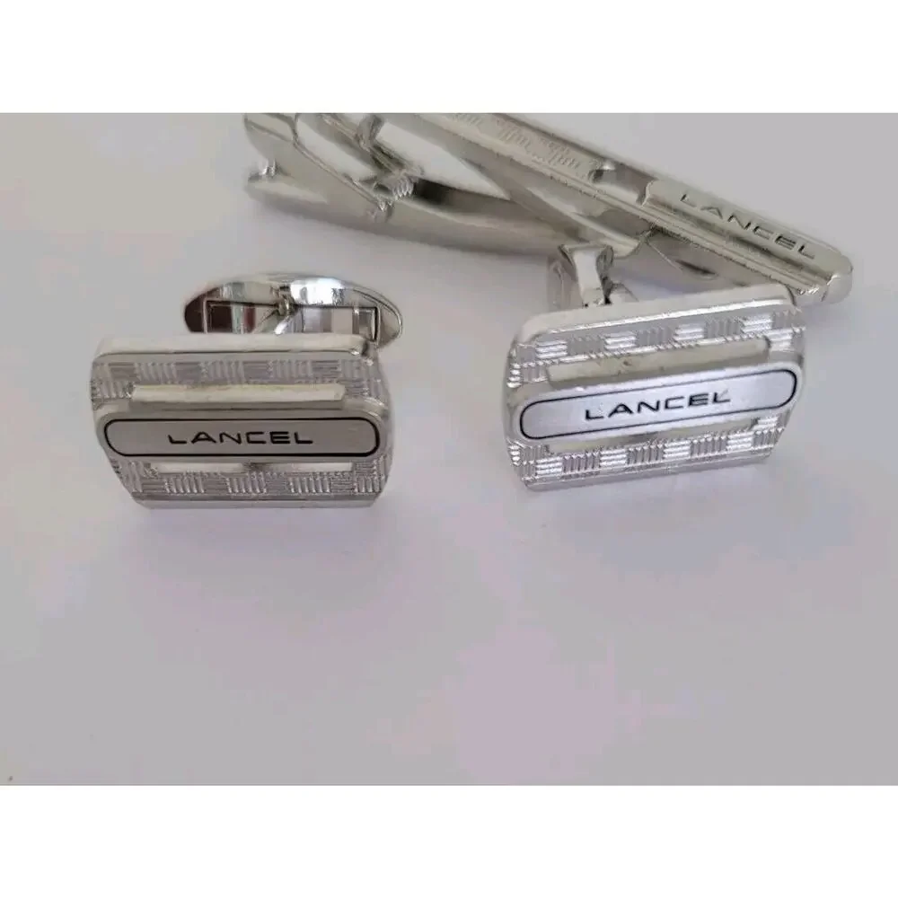 Lancel French Tie Clip Cufflinks Set‎ Silver Tone Logo